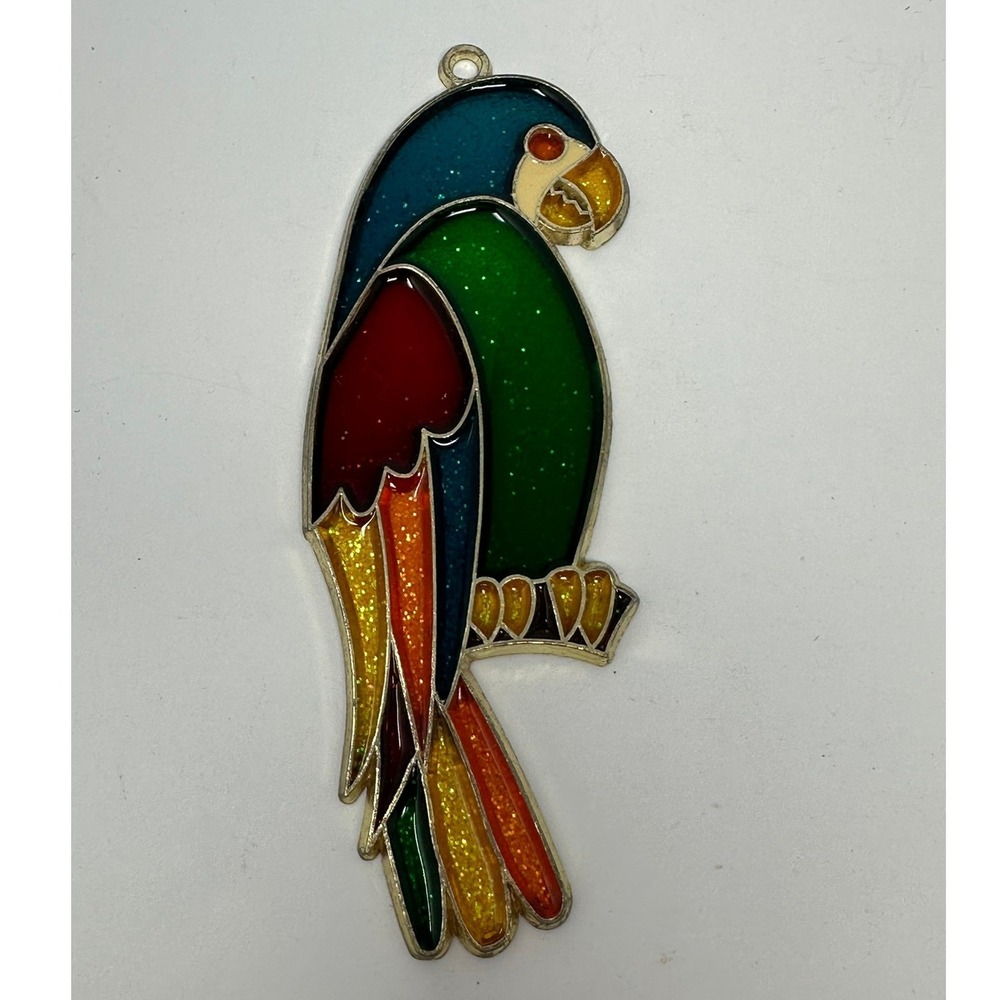 Vintage Stained Glass Style Parrot Suncatcher Glitterโ Resin Macaw Ornament A1